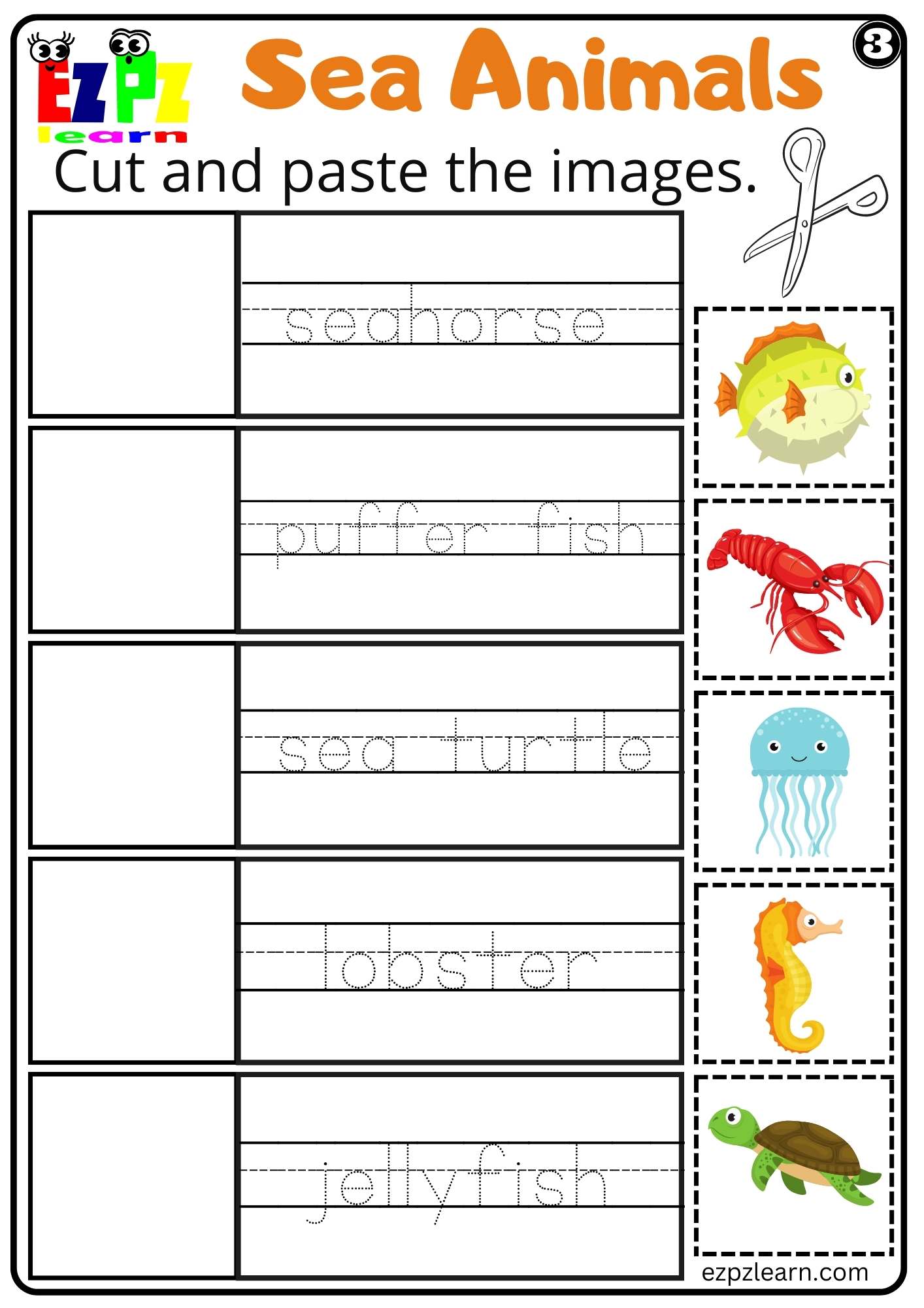 Sea Animals Cut and Paste Worksheet For Kids and ESL Set 3 Free PDF